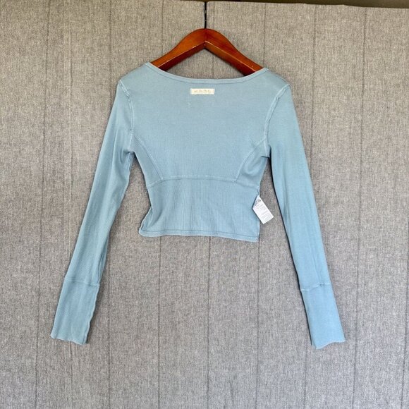 Free People We The Free Lightning Cloudy Blue Long Sleeve Crop T Shirt Size L - Picture 6 of 9